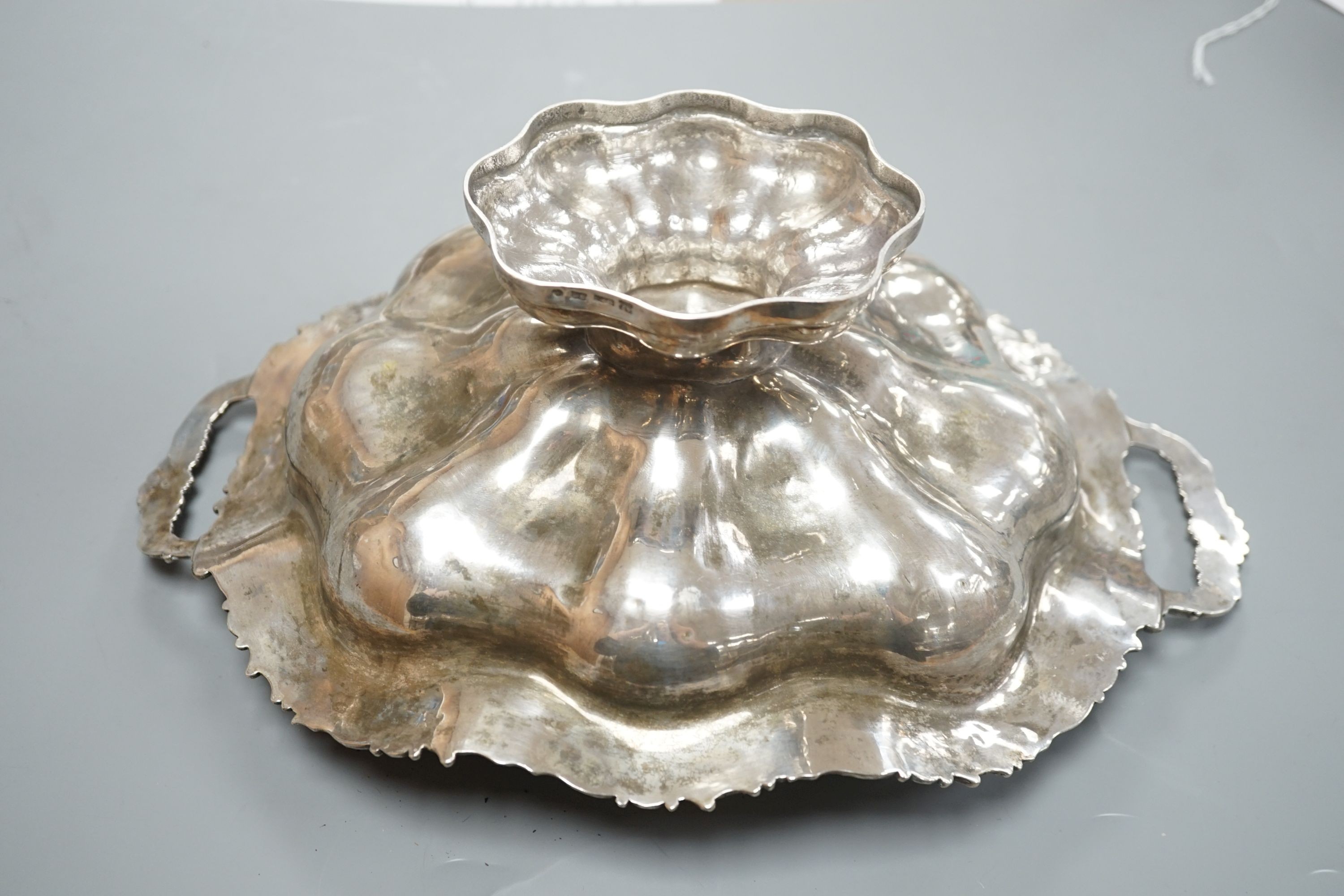 A 19th century Russian 84 zolotnik embossed tow handled fruit bowl, assay master, Dmitri Tvyersko?, 1846, master G.F.R., width, 30.2cm, 12oz.